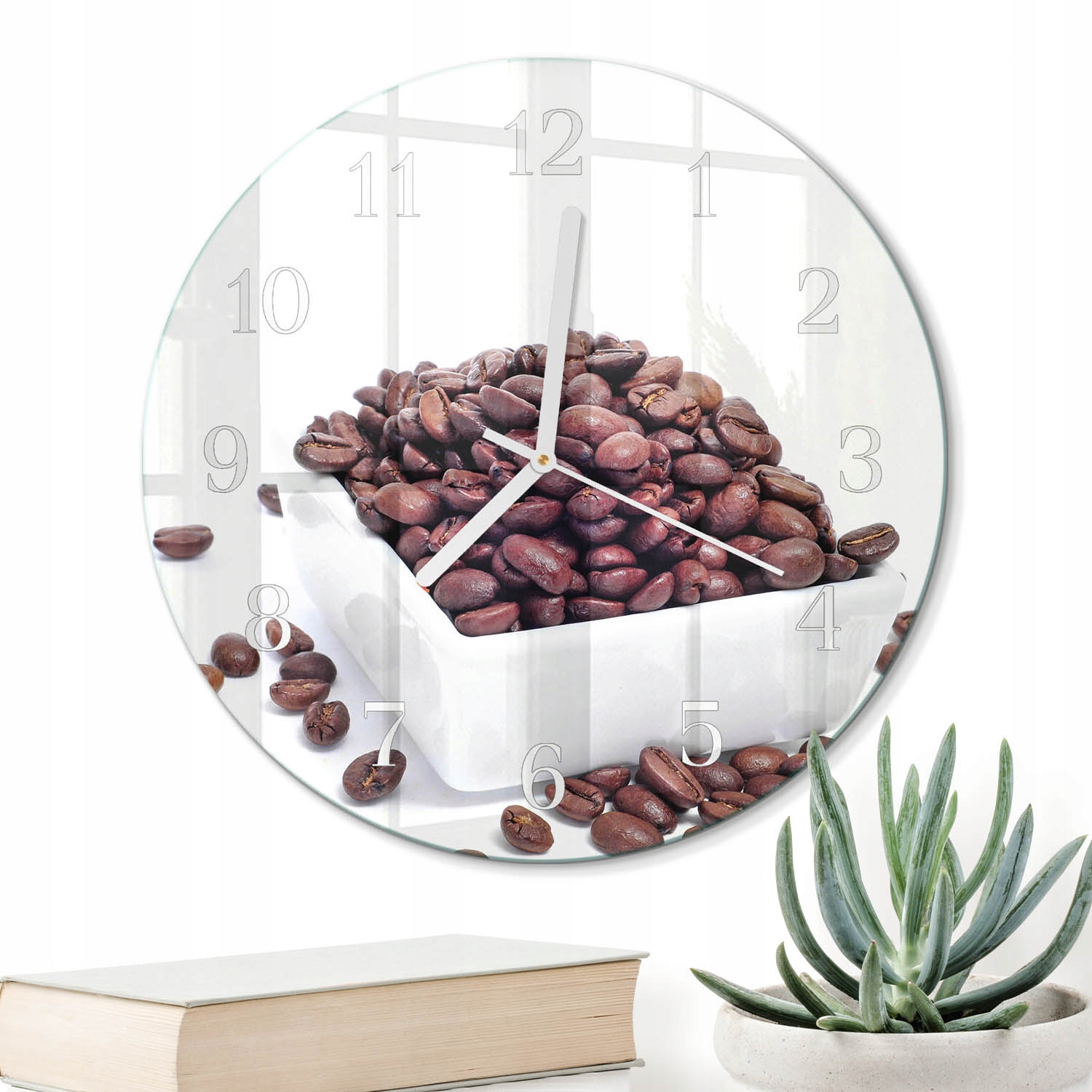 Kulatý skleněný hodinový stroj o průměru 30 cm s motivem do pokoje teenagera, kávová zrna