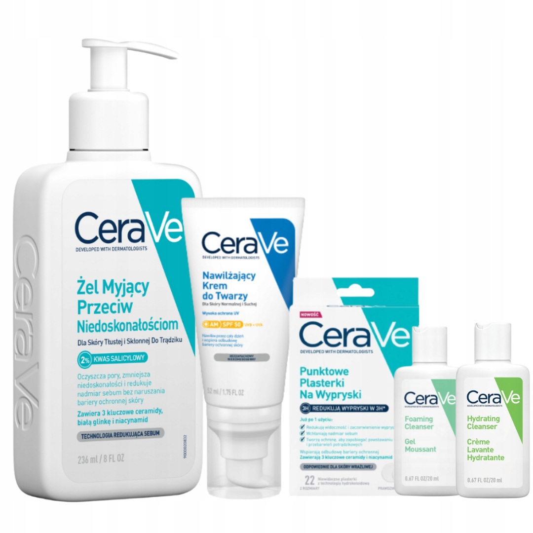 CeraVe Plasterki na niedoskonałości, Żel myjący 236ml, Krem Spf 50