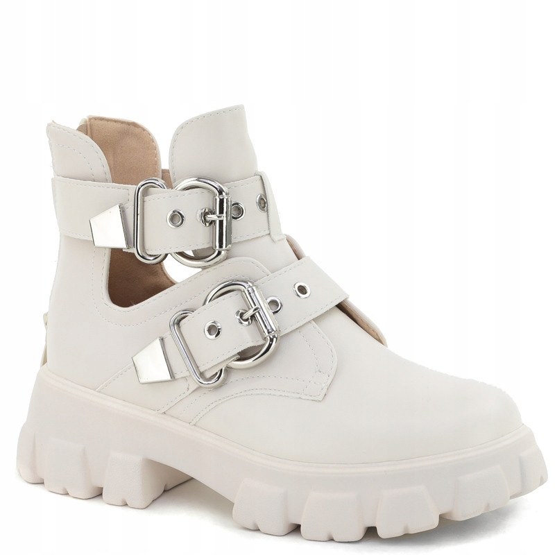 Béžové světlé workery s přezkami, dámské kotníkové boty s výřezy z kůže