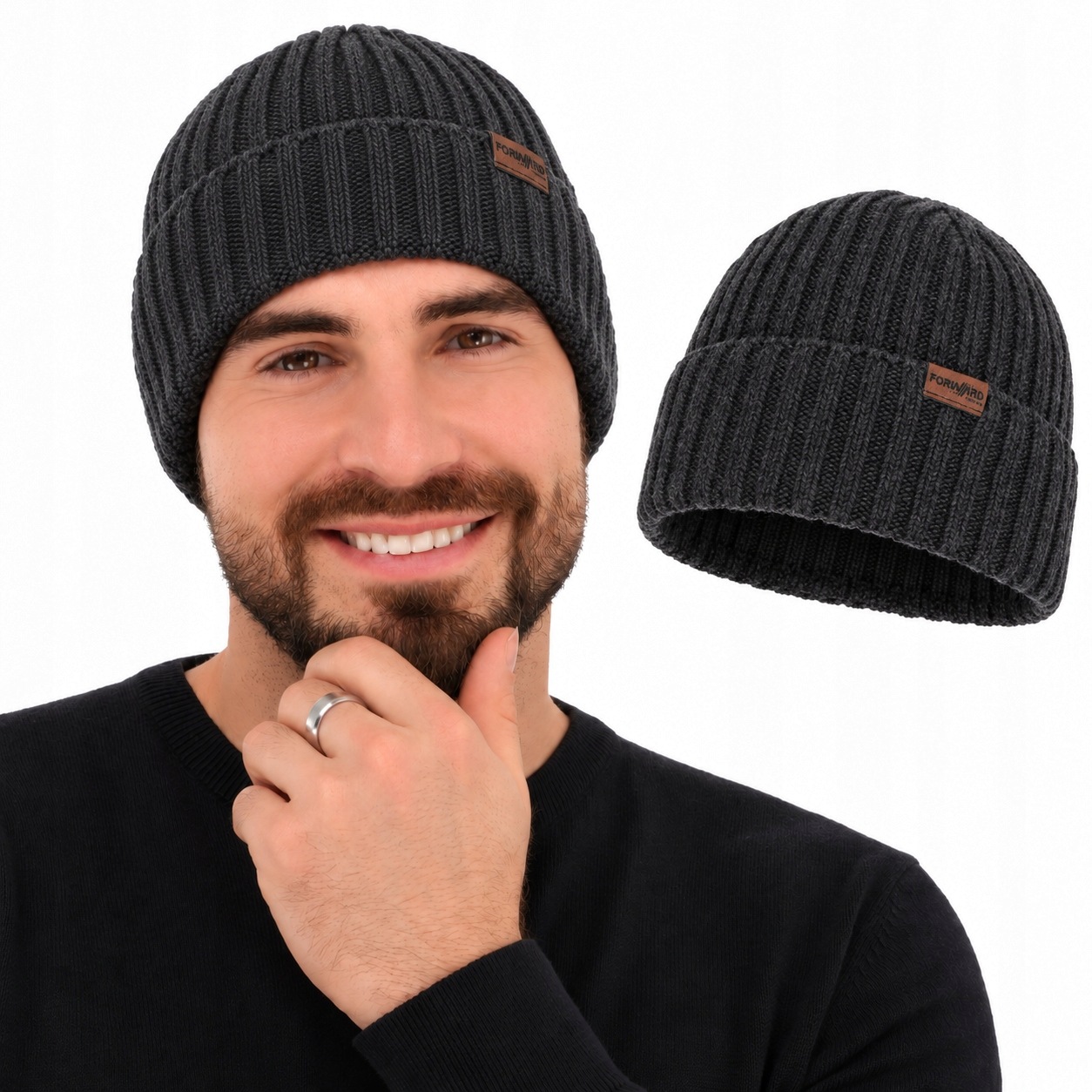 100% Wełna Merino Męska Czapka Zimowa Ciepła Oddychająca Ciemnoszara 55-60c