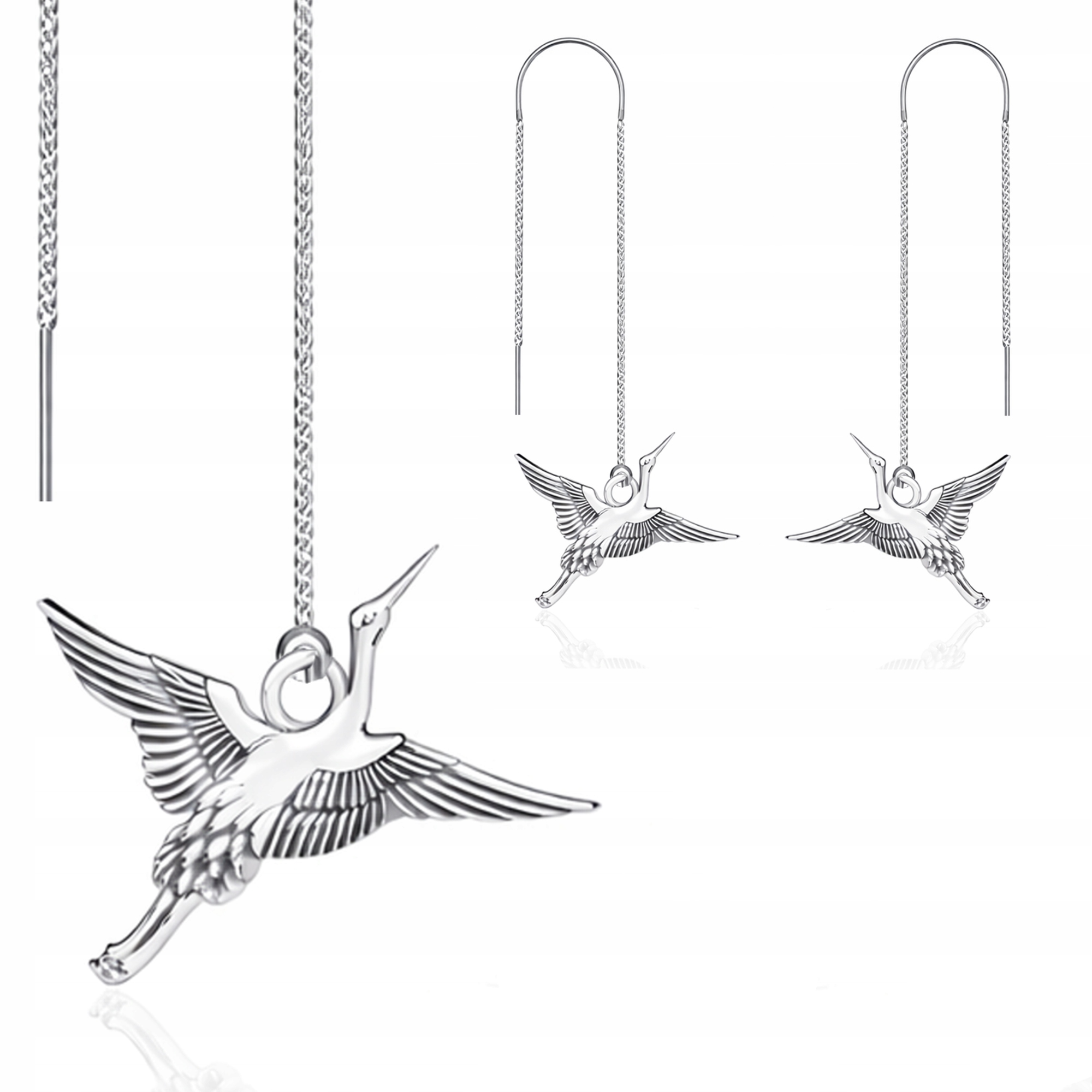 Pták Jeřáb 3D Stříbrné náušnice provlékací provlékací stříbro 925