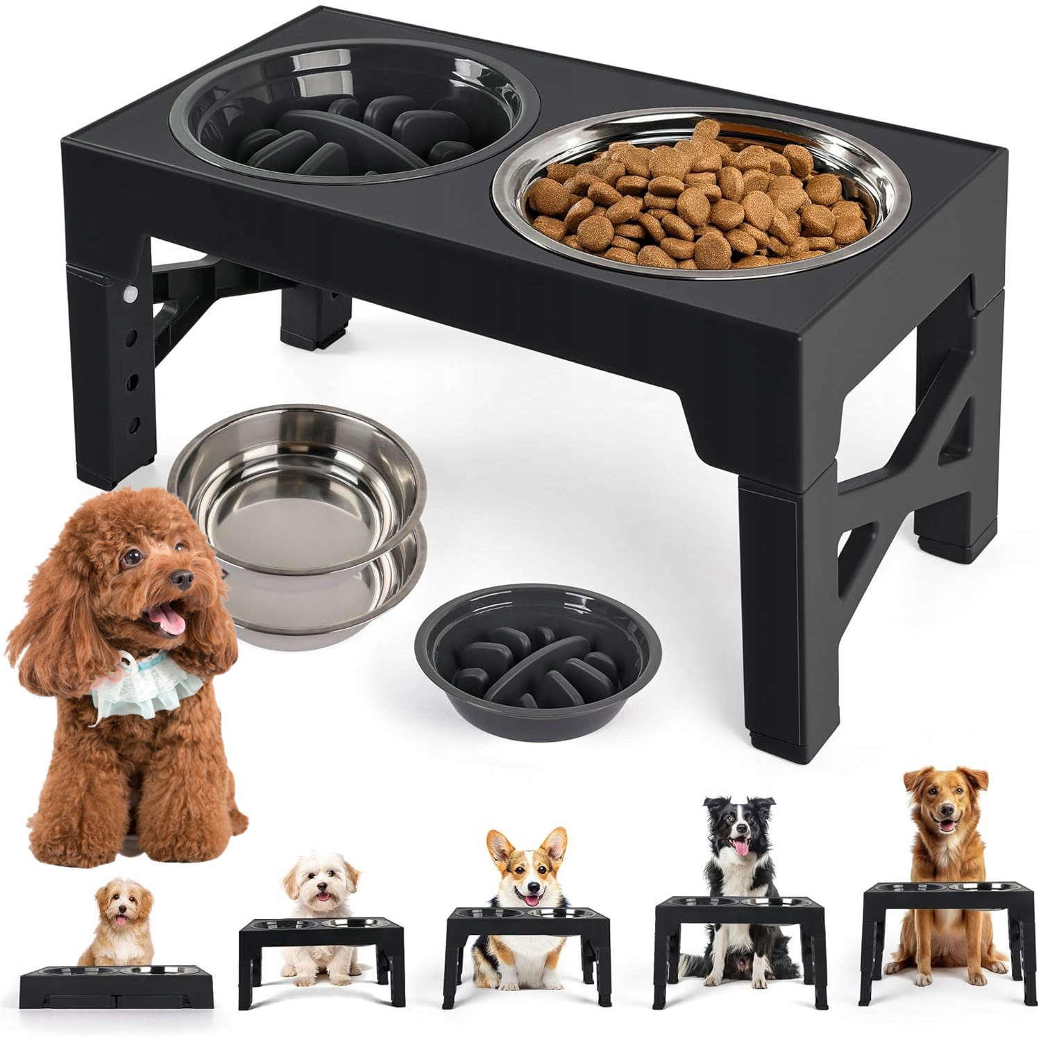 Levně Misky Pro Psa Na Stojanu Miska Zpomalující Jídlo Nastavitelná Výška