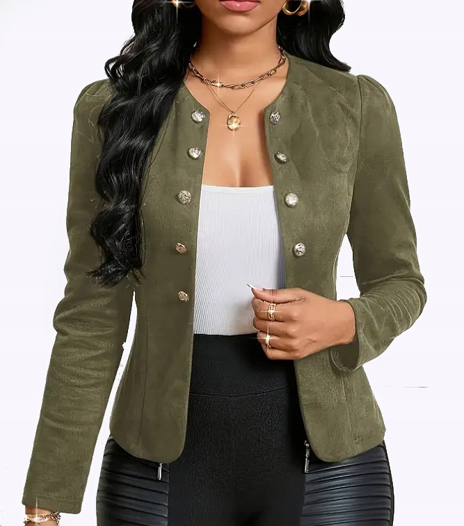 Zamszowy Żakiet Damski Marynarka Bolerko Złote Guziki Oliwkowy L/XL 40 42