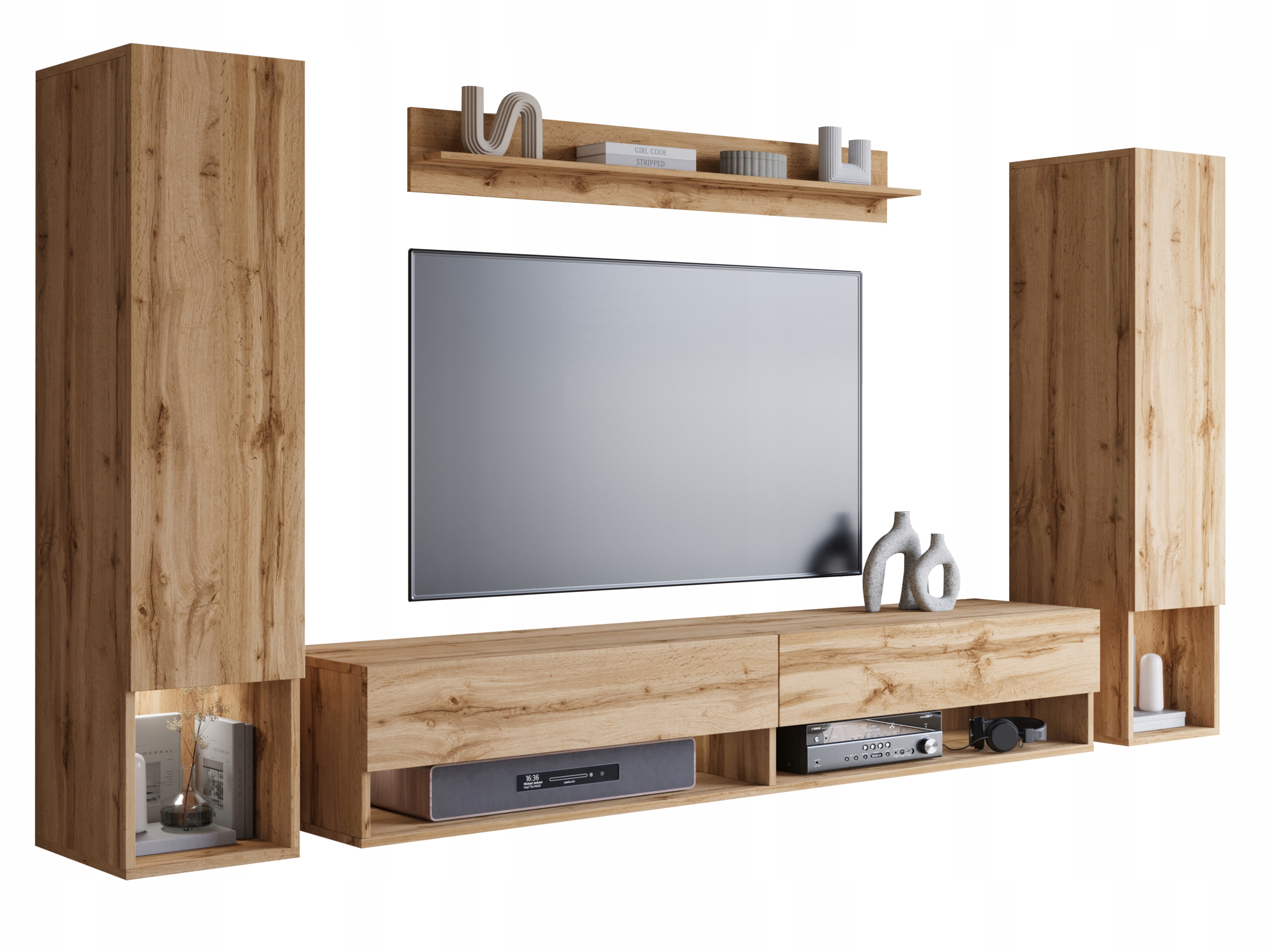 Závěsný set do obývacího pokoje 2 sloupky Rtv skříňka 180 police matný dub wotan s Led