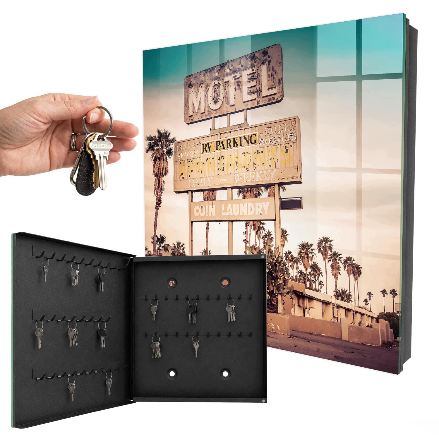Skříňka na klíče Nástěnná Ozdobná Motel Retro Černá Levá 30x30 cm