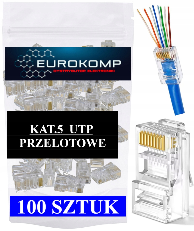 Wtyk RJ45 Eurokomp 8P8C kat5E przelotowy 100 szt.