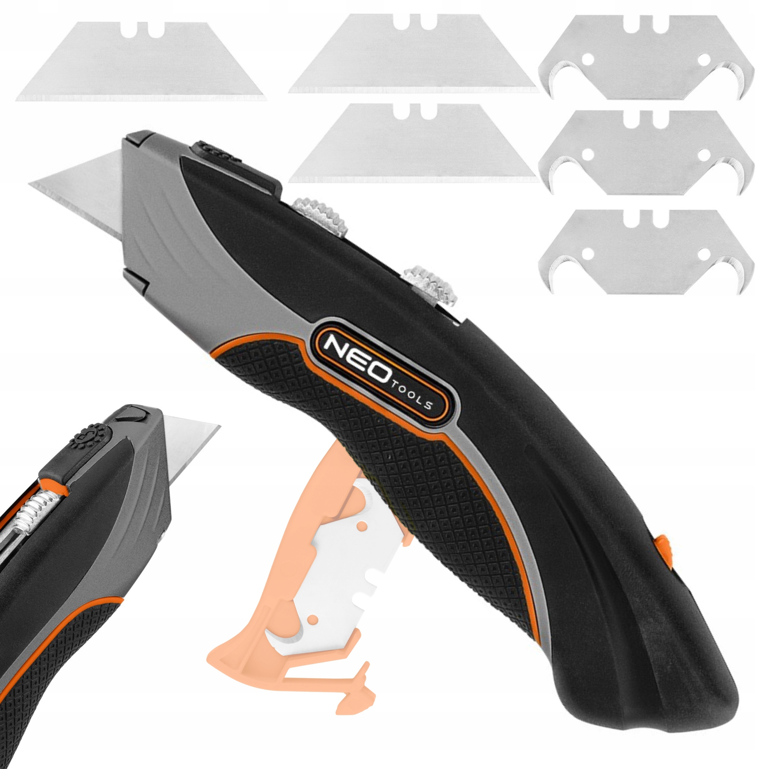 NEO NÓŻ Z OSTRZEM TRAPEZOWYM I HAKOWYM, METALOWY