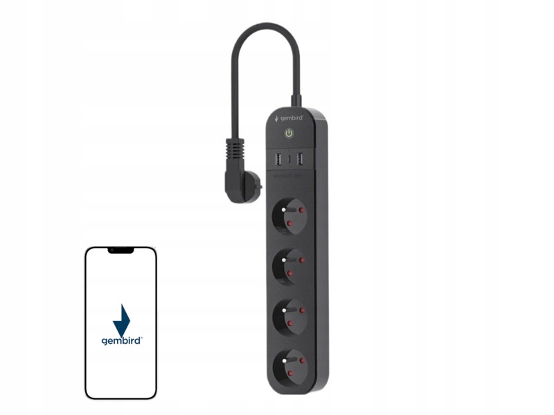 Inteligentna listwa zasilająca z ładowarką USB i pomiarem mocy, 4 gniazda,
