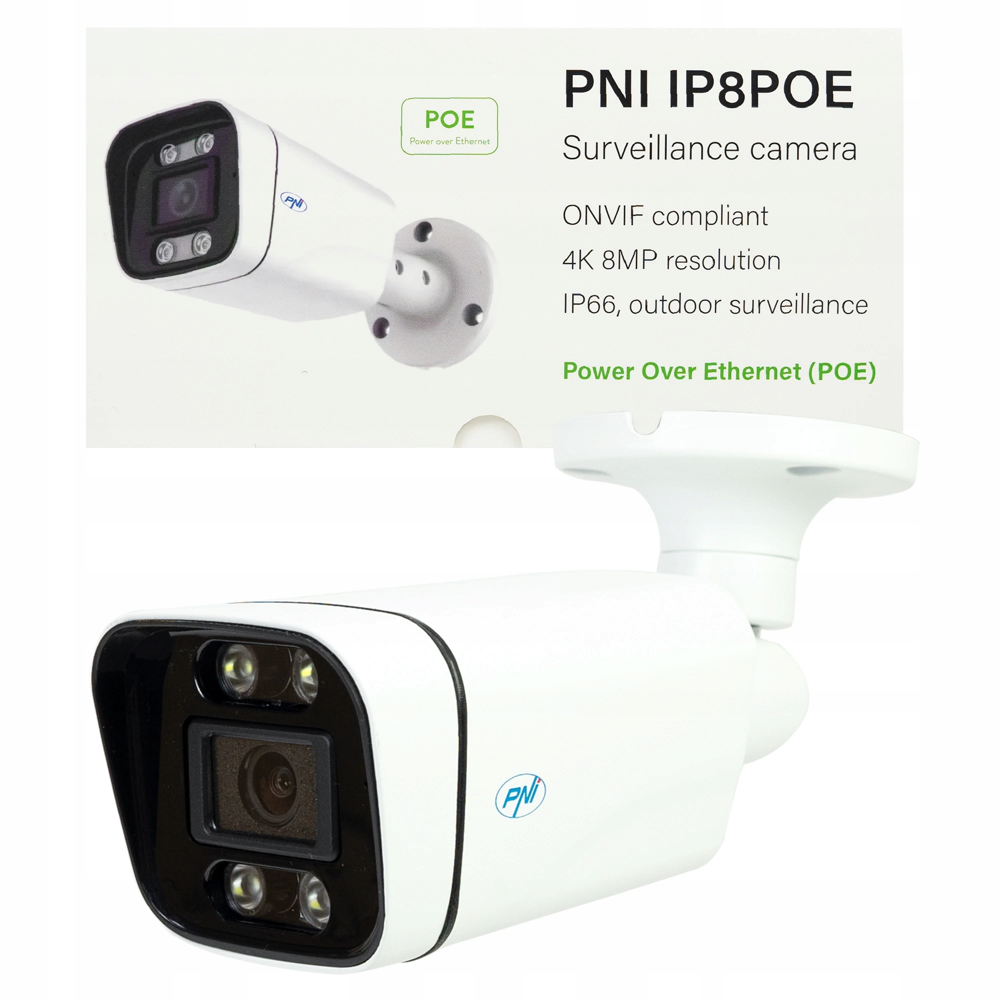 Pni IP8POE 8MP, 4K, D-wdr, 4,0 mm, 6 Led, IP66, integrovaný mikrofón a repr