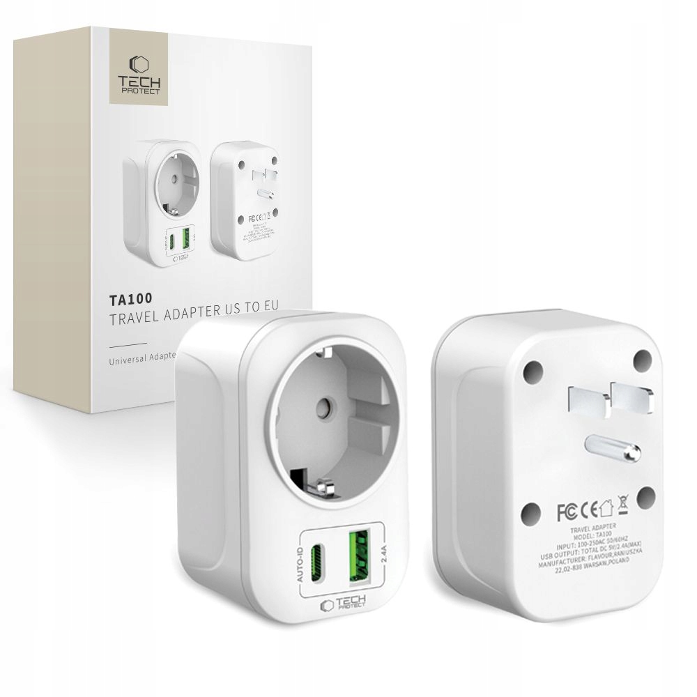 Tech-protect TA100 Travel Adapter Us To Eu White