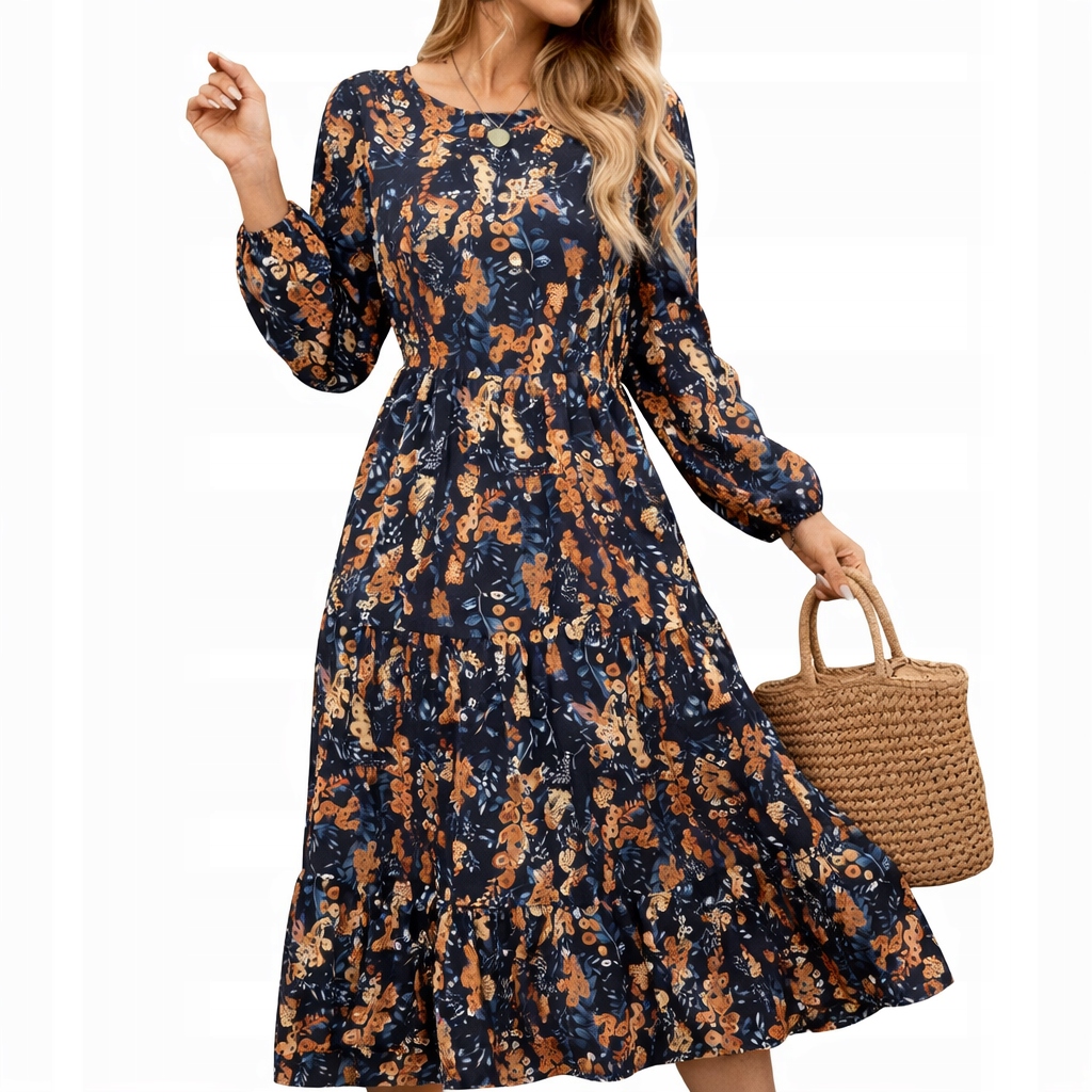 Sukienka damska midi w kwiaty z długim rękawem rozkloszowana