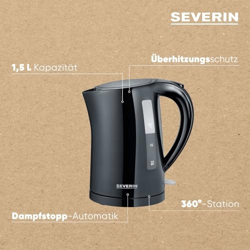 SEVERIN Czajnik Elektryczny 1,5L Mocny Filtr Osadów Plastikowy 2200W Czarny — miniatura 4