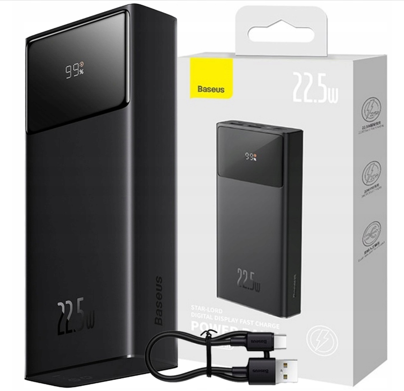 Powerbanka výkonná 20000 mAh 22,5W displej kabel Usb-c 3A 30 cm Baseus