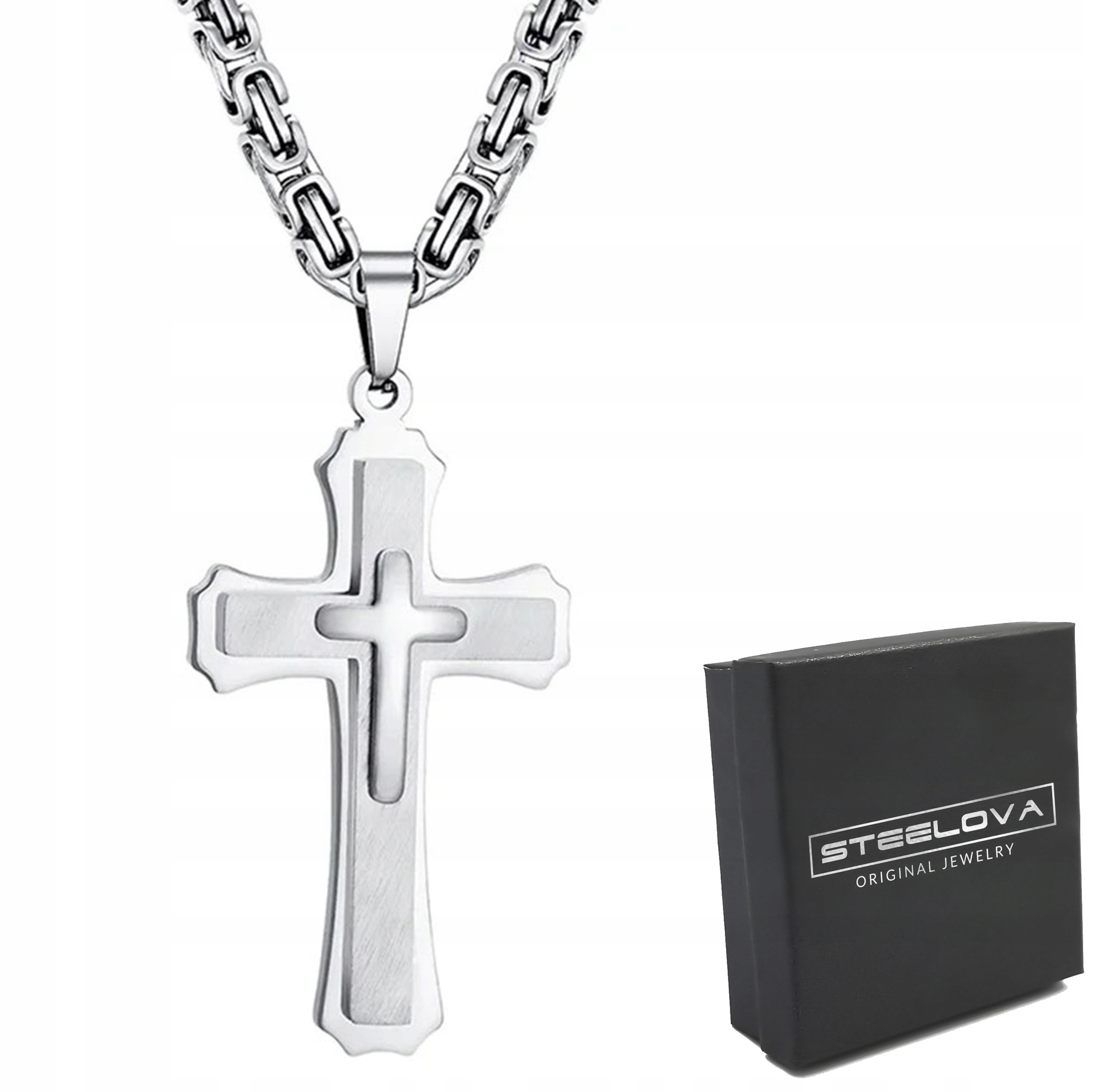 Vrstvený náhrdelník Kříž s královskou pleteninou, stříbrný