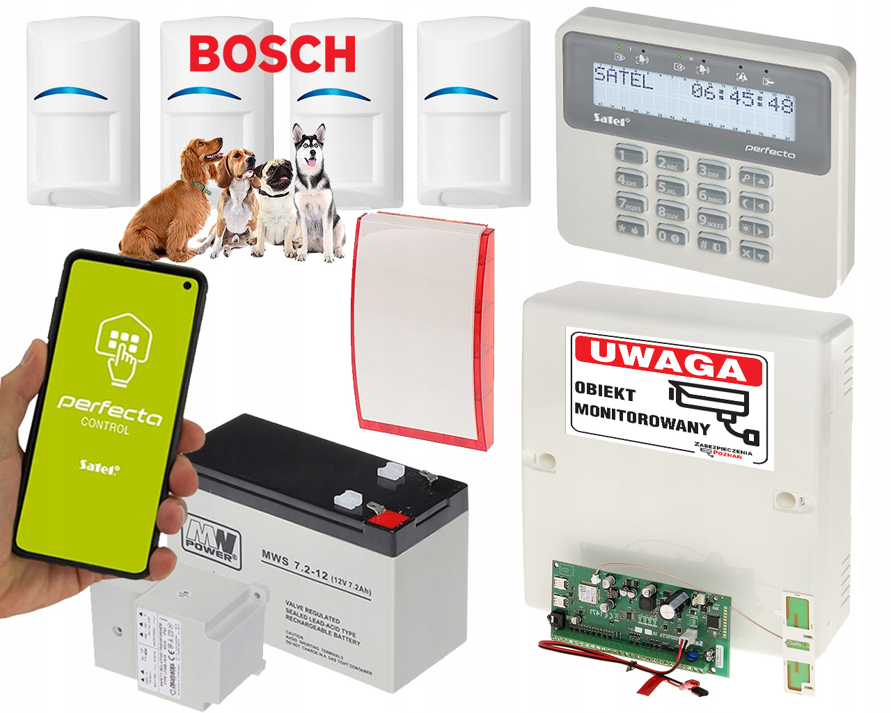 System Alarmowy Satel 4x czujki Pir Bosh Moduł Gsm Aplikacja Sms