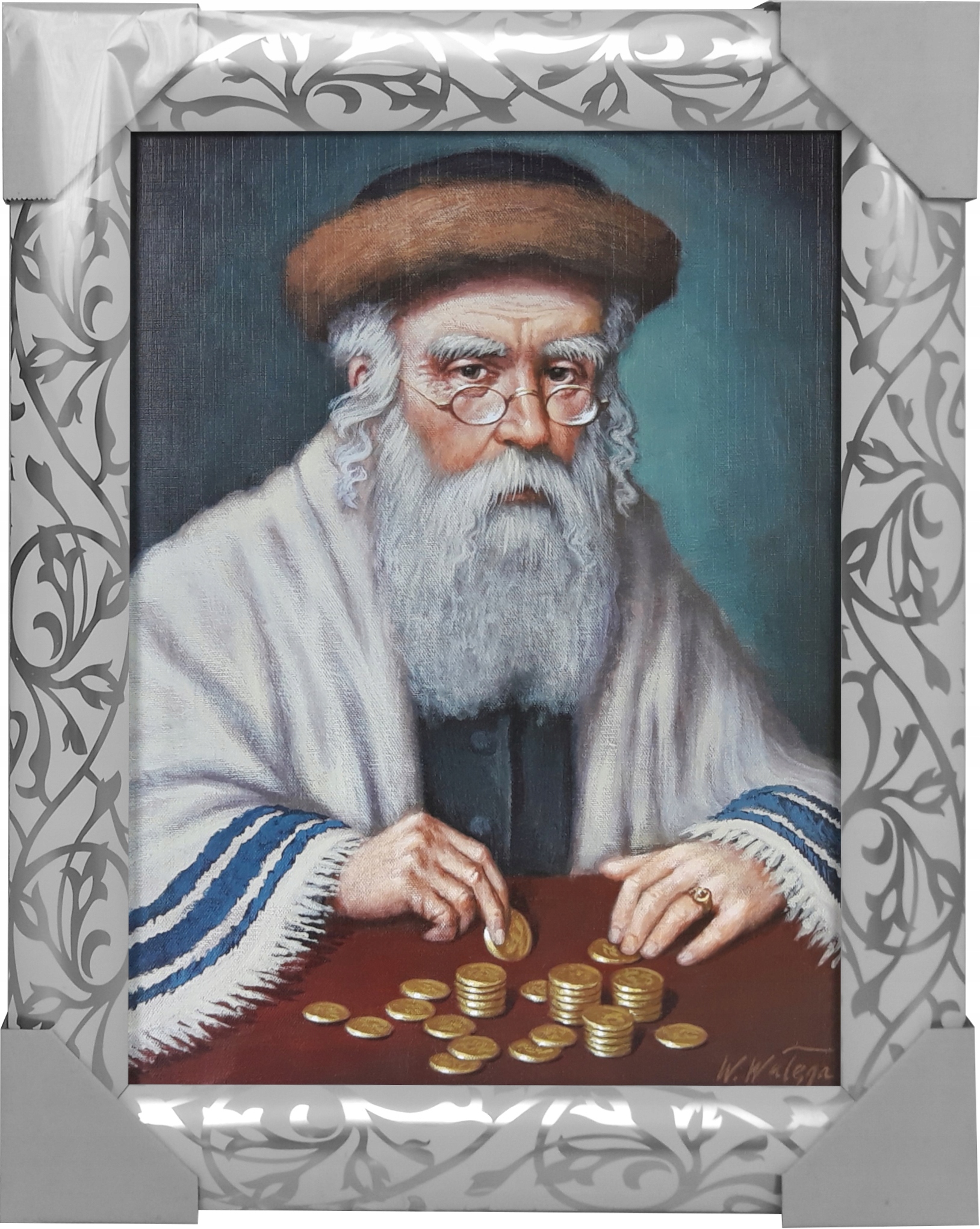 OBRAZ 49x39 ŻYD LICZĄCY PIENIĄDZE BIAŁA RAMA Szerokość produktu 39 cm