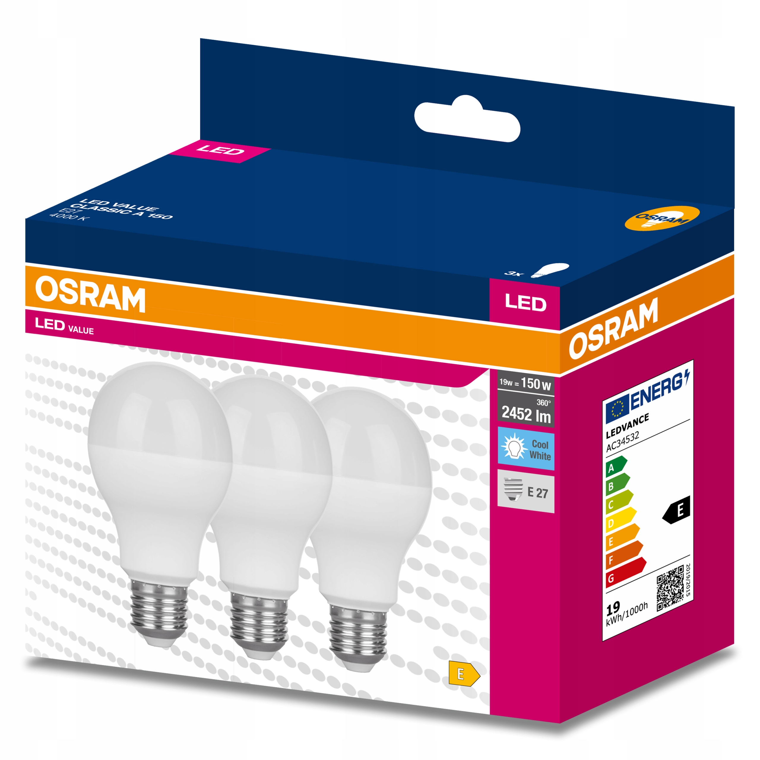 3x Żarówka LED E27 A60 19W 150W 2452lm 4000K OSRAM