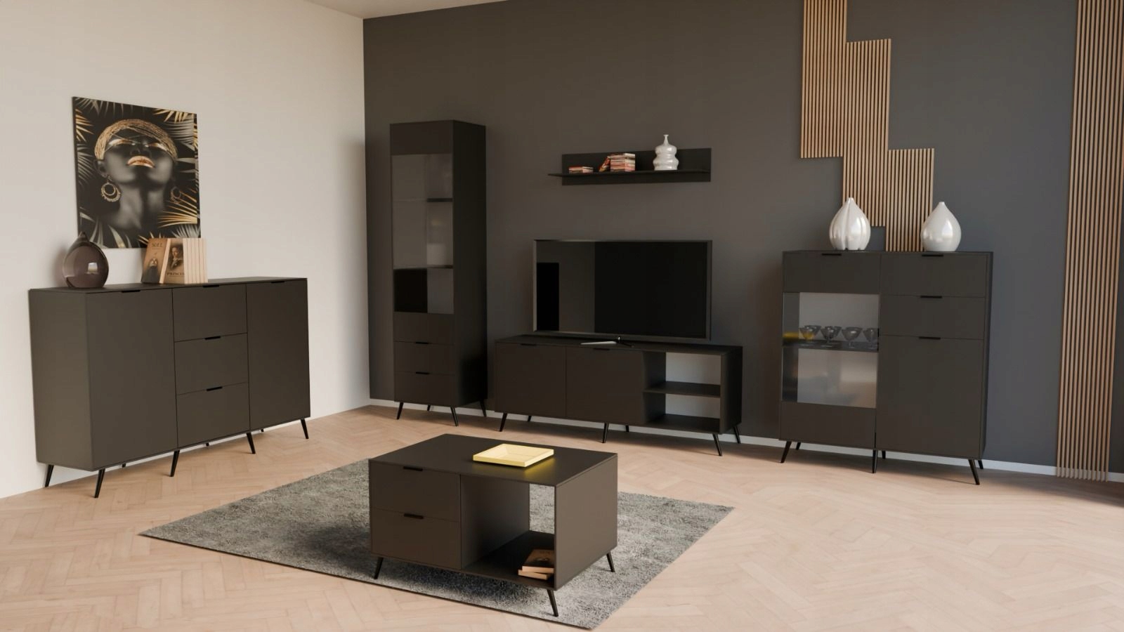 Komoda Lozanne z 2 Szufladami i Witryną - Czarny Mat Kolor frontów czarny