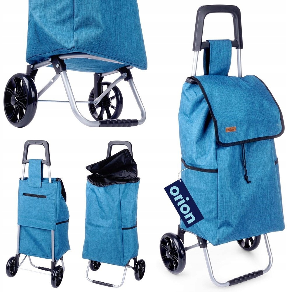 Nákupní vozík, modrá nákupní taška na kolečkách s držákem na nákupy