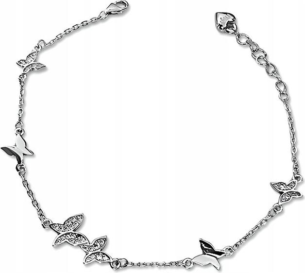 Stříbrný náramek 925 s motýlky, bílé zirkony, přívěsky na řetízku