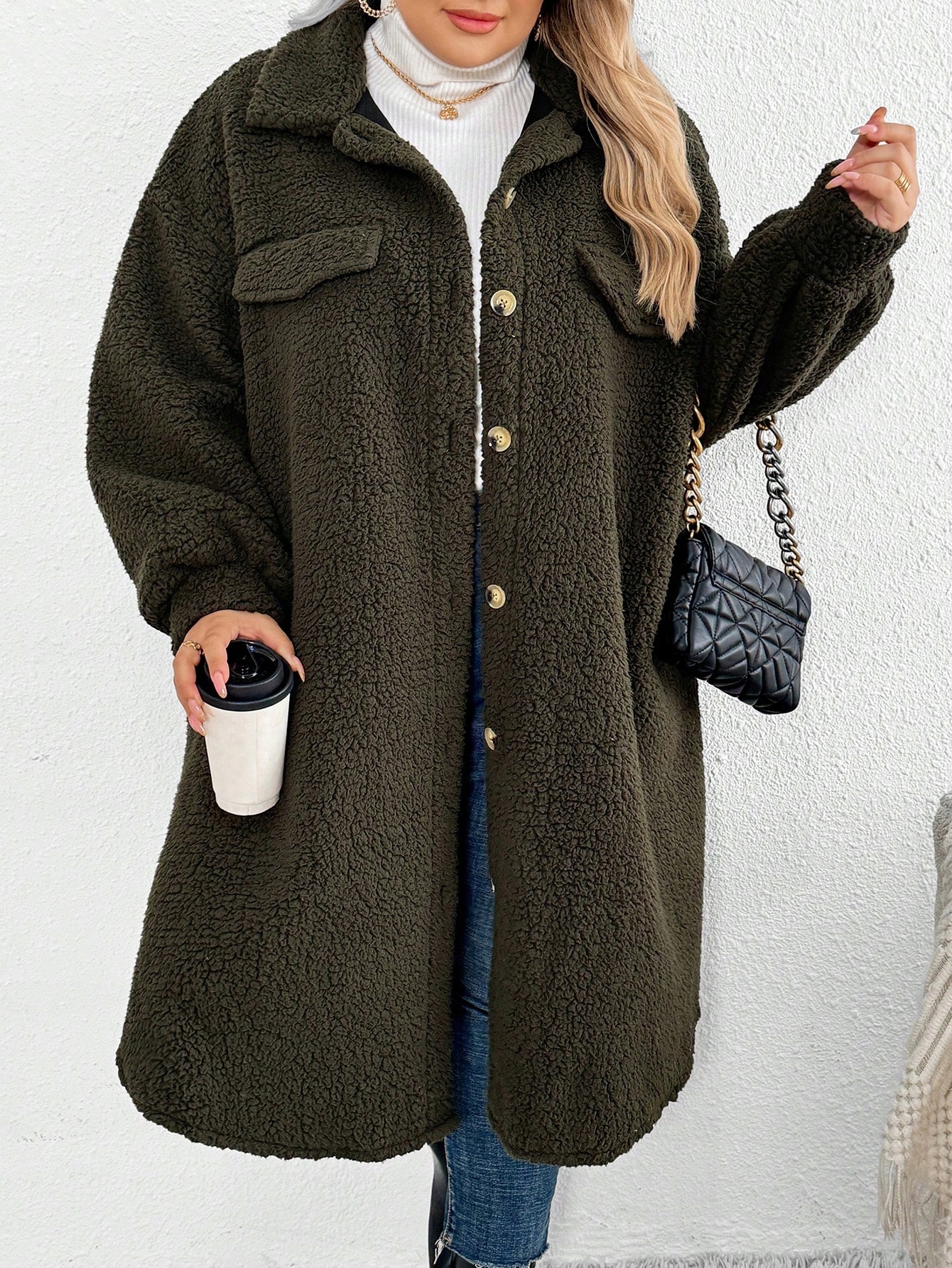 Dámský Kabát Typu Teddy, Stylový, Módní, Zelený, Casual Shein 56/58