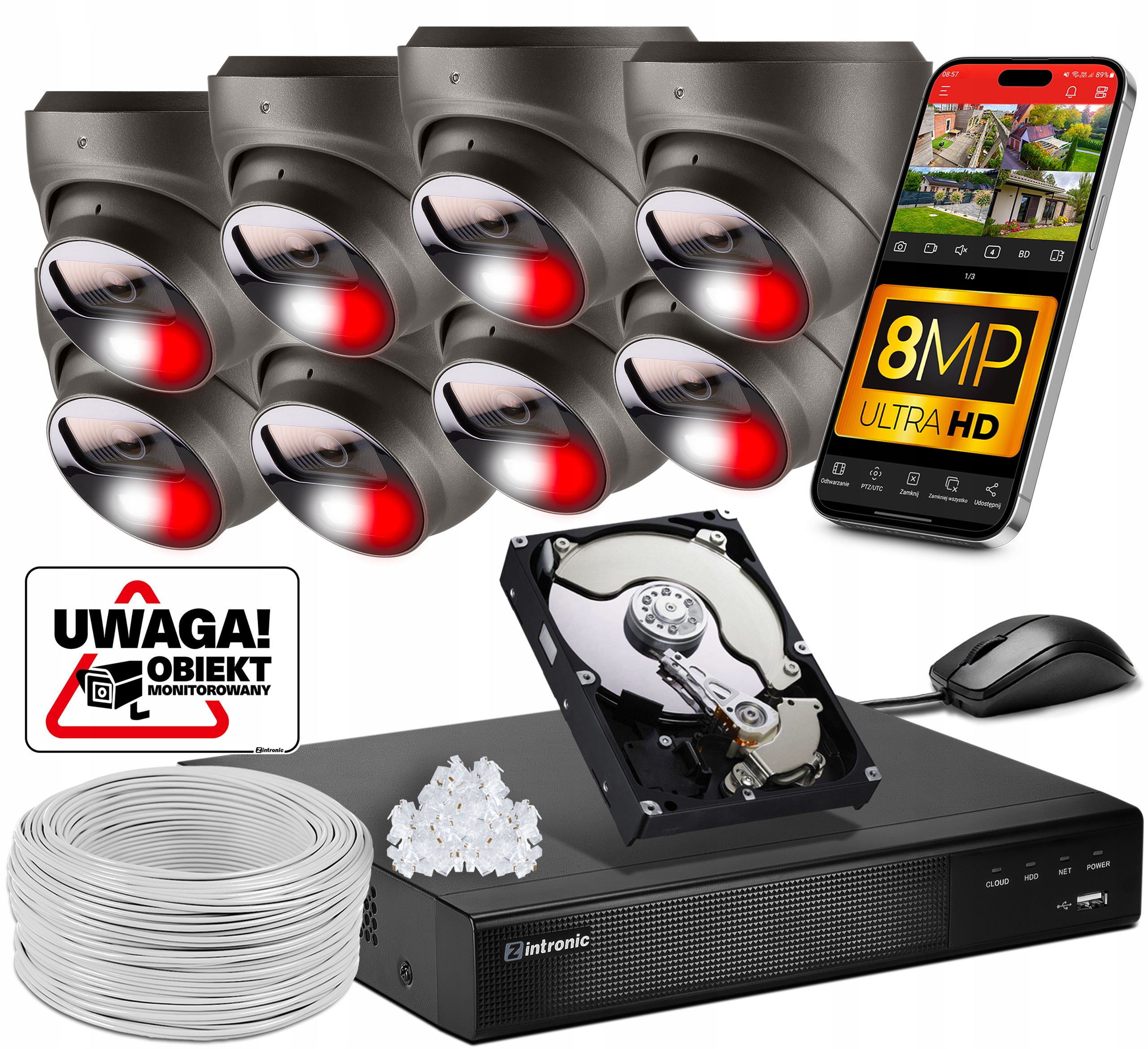 Sada Monitorování 8 kamer Poe 4K Ultra Hd 8Mpx Šedé kopule Detekce 1TB