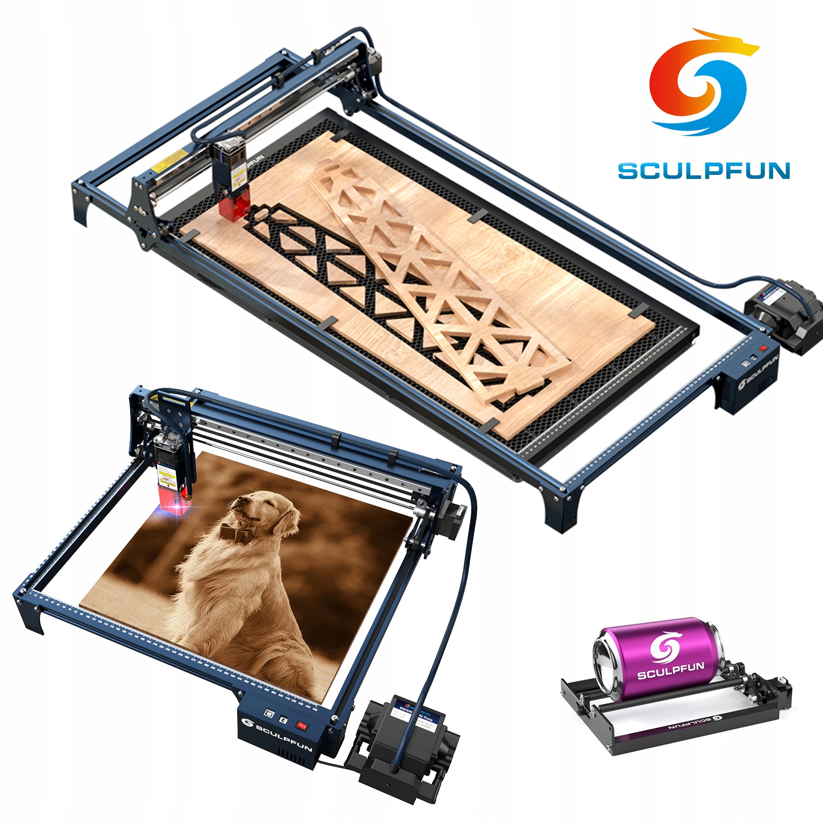 Laserové gravírování Sculpfun S30 5W 400 x 800 mm, medový laster rotační váleček 4v1