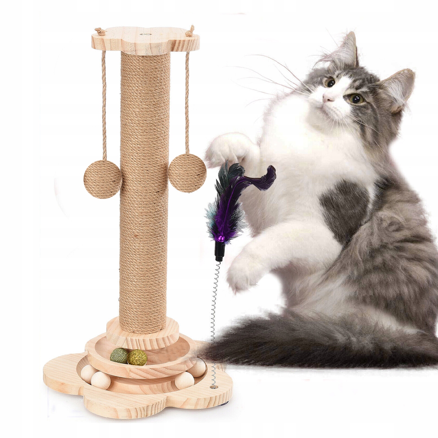 Levně Multifunkční Škrabadlo Pro Kočky Hračka Sisalový Míč Sloupek 24.5*44.5 CM