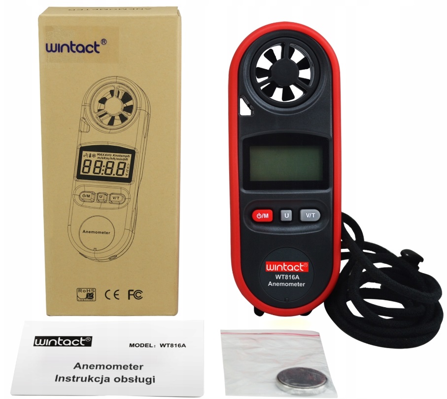 ANEMOMETR WIATROMIERZ POMIAR WIATRU I TEMP. IP67 Maksymalny pomiar prędkości powietrza 30 m/s