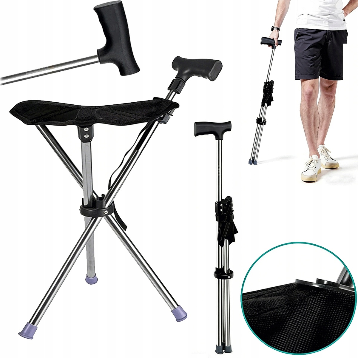 Laska do siedzenia aluminiowa 150kg udźwigu czarna na spacery i do ogrodu