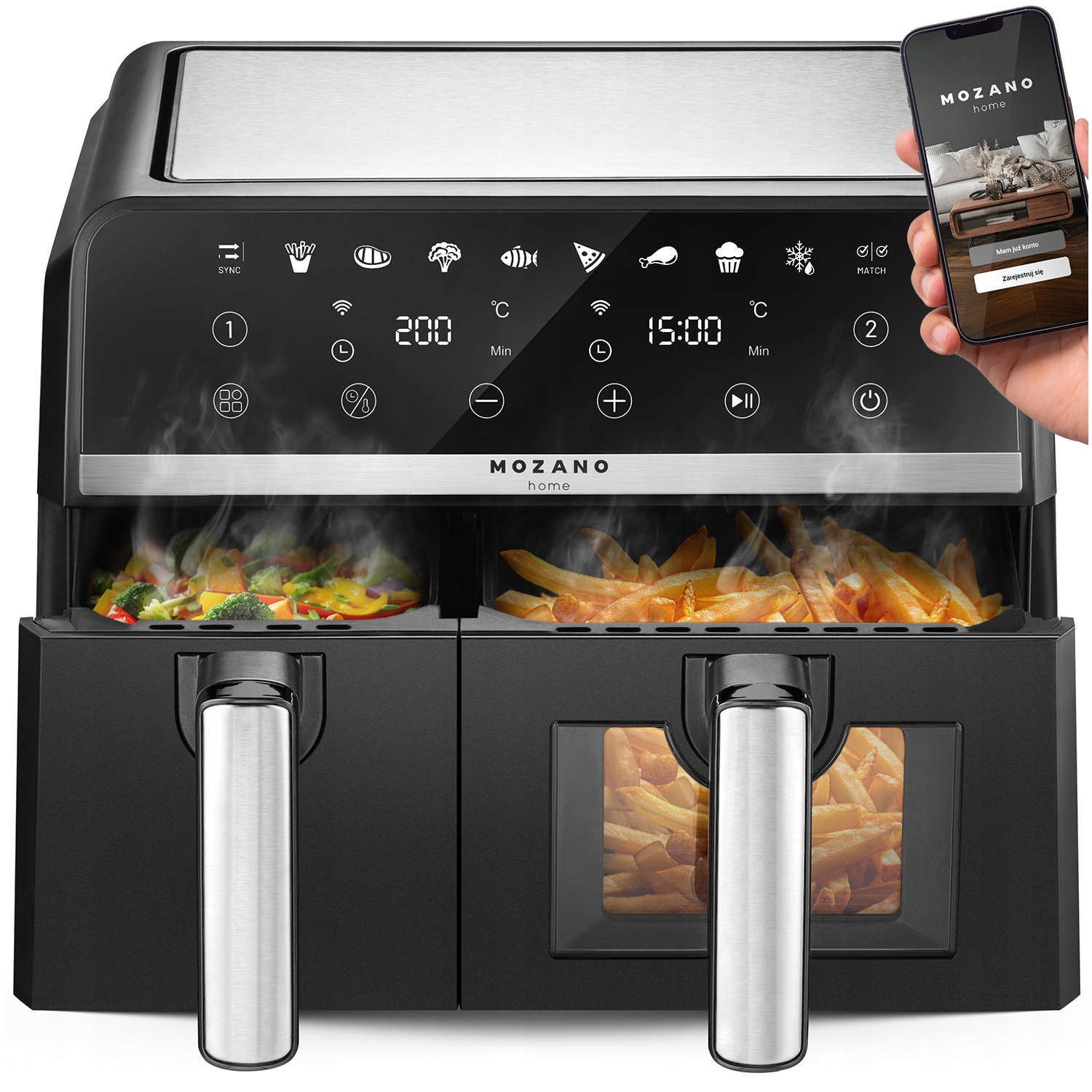Frytkownica Beztłuszczowa Dwukomorowa 9L 2600W Frytownica Air Fryer XL WiFI