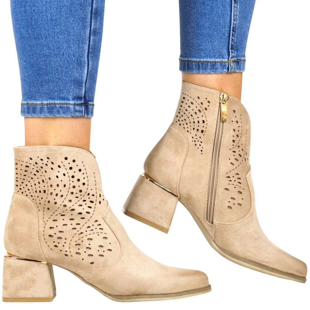 Béžové Semišové Kotníkové Boty Kovbojské Boty Nad Kotník Ažurové Lehké Jarní Boty 38