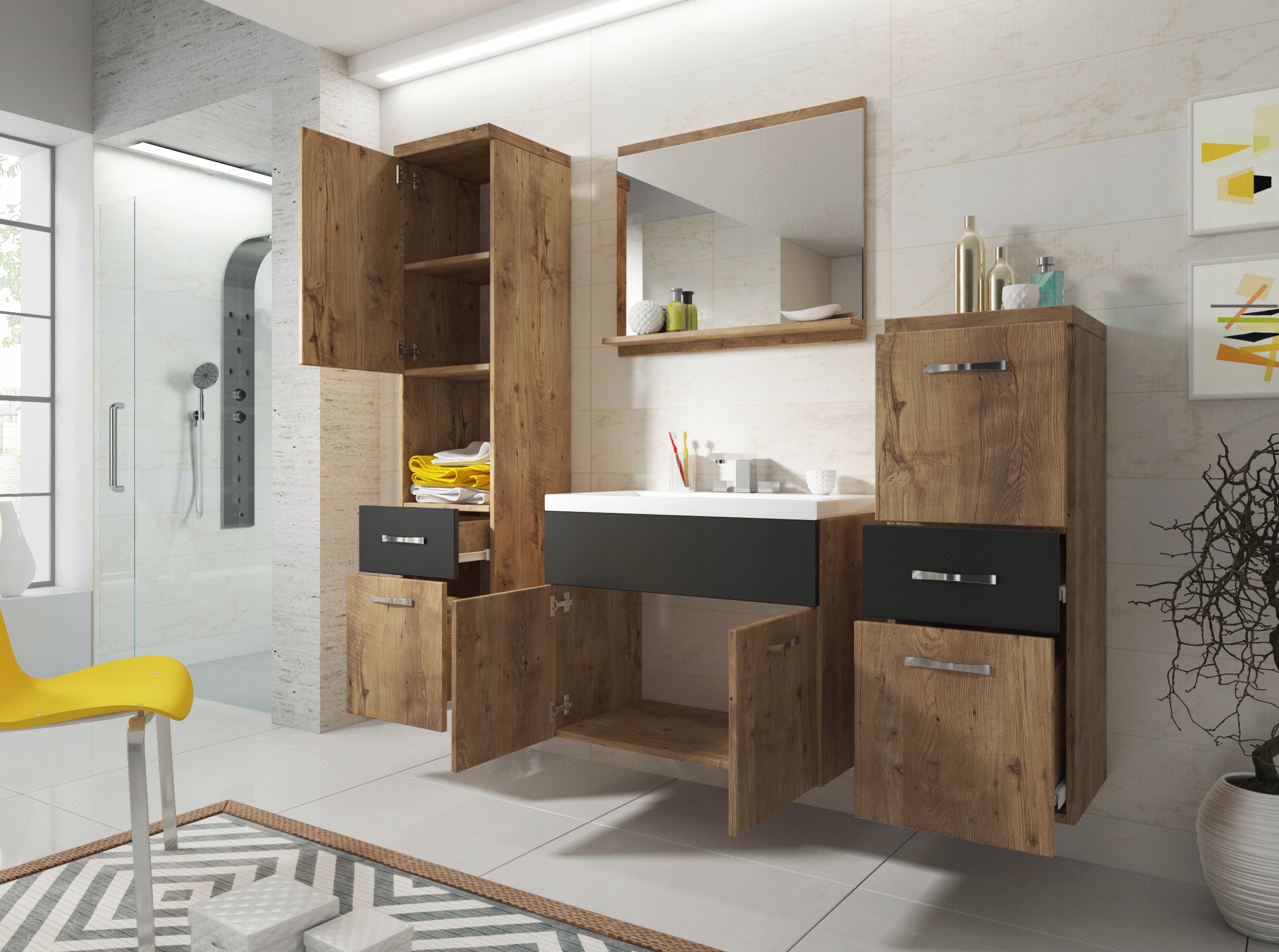 ZESTAW MEBLI ŁAZIENKOWYCH Z LUSTREM I UMYWALKĄ KOMPLET Nevada Kod producenta Nevada