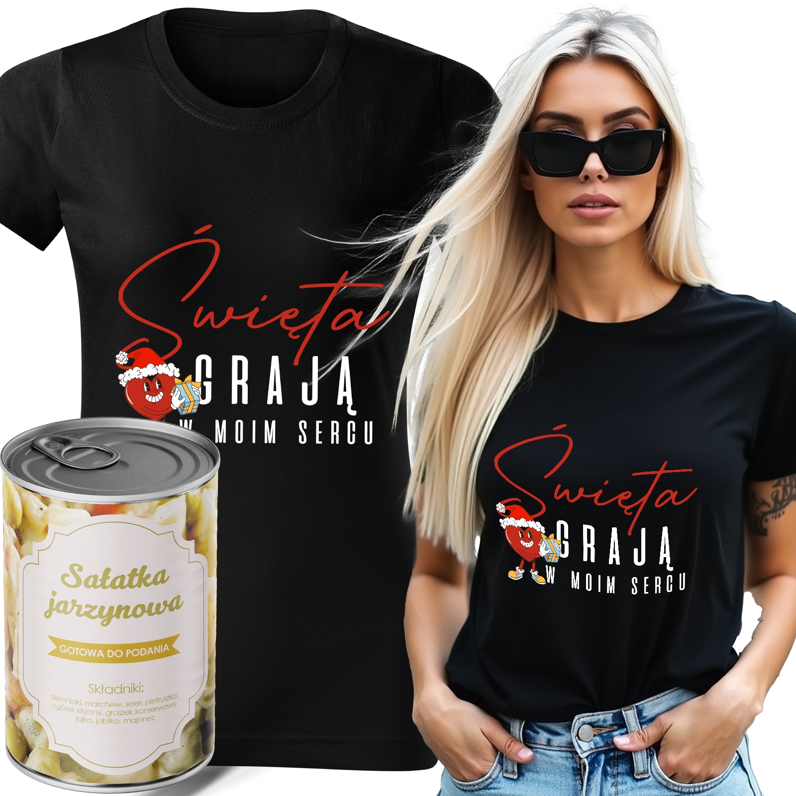 Tričko s visačkou v plechovce se zeleninou, černé, vánoční Dárek v mém srdci, XL