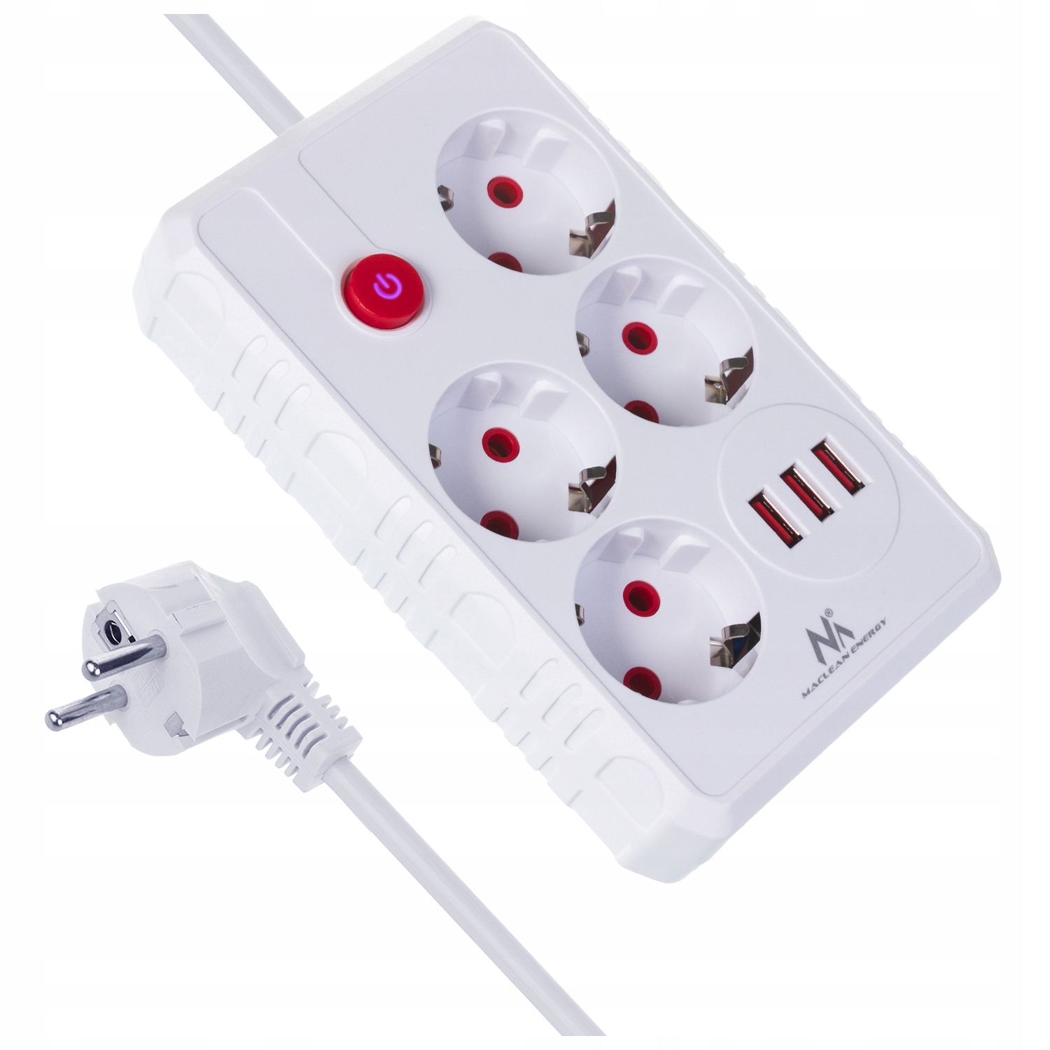 Listwa zasilająca Maclean MCE393 W, przedłużacz 4 gniazda 3xUSB, 110-240V