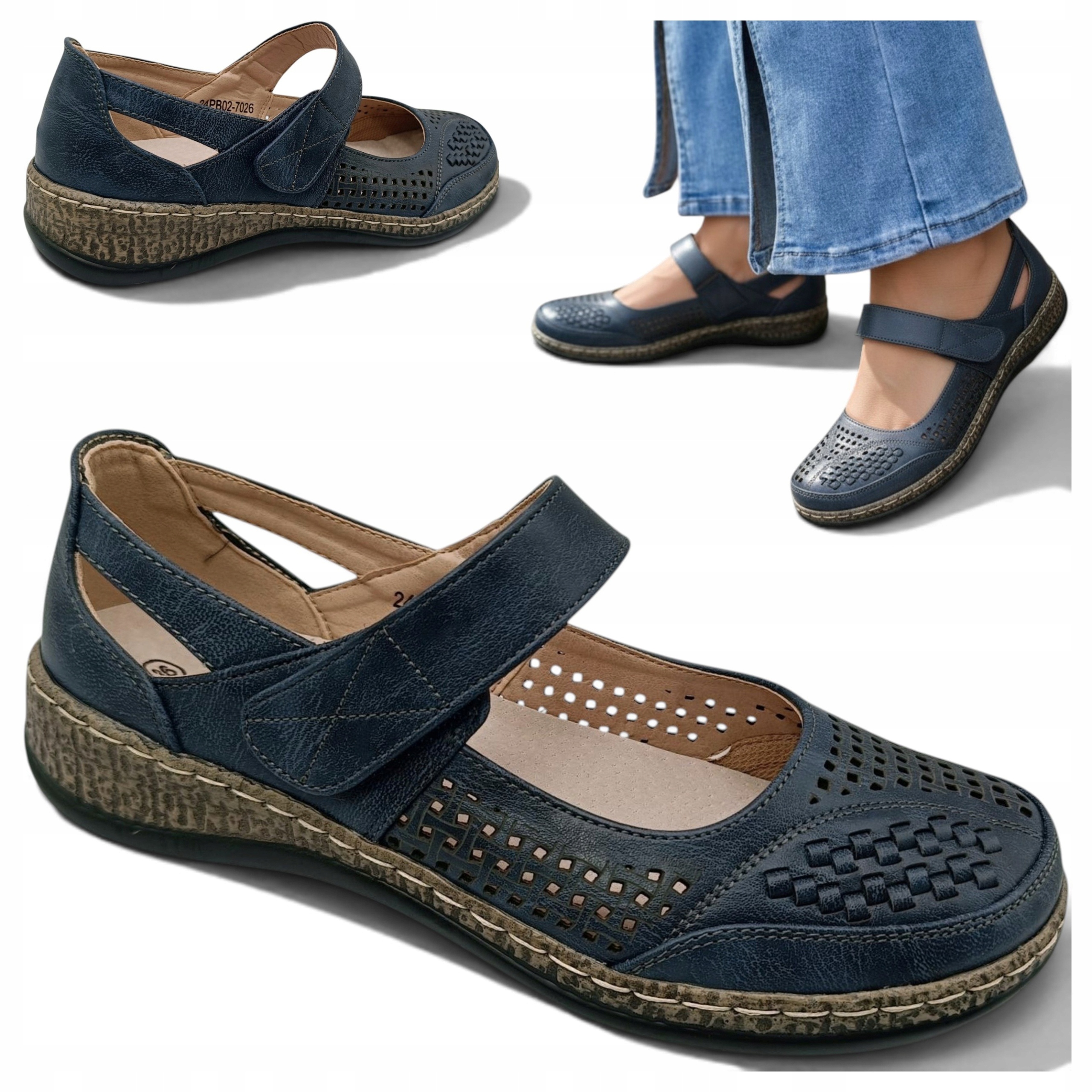 Dámské polobotky Jarní 39 Baleríny Ažurové Na Suchý Zip Unisoft Tmavě modré