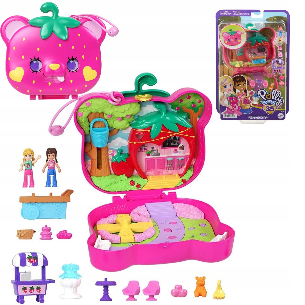 ZESTAW KOMPAKTOWY POLLY POCKET TRUSKAWKOWY MIŚ TOREBKA plus LALKI i DODATKI