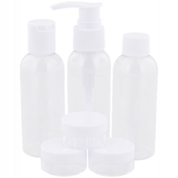 BUTELKI PODRÓŻNE NA KOSMETYKI SAMOLOTU ZESTAW 7 BIAŁE SPILBERGEN