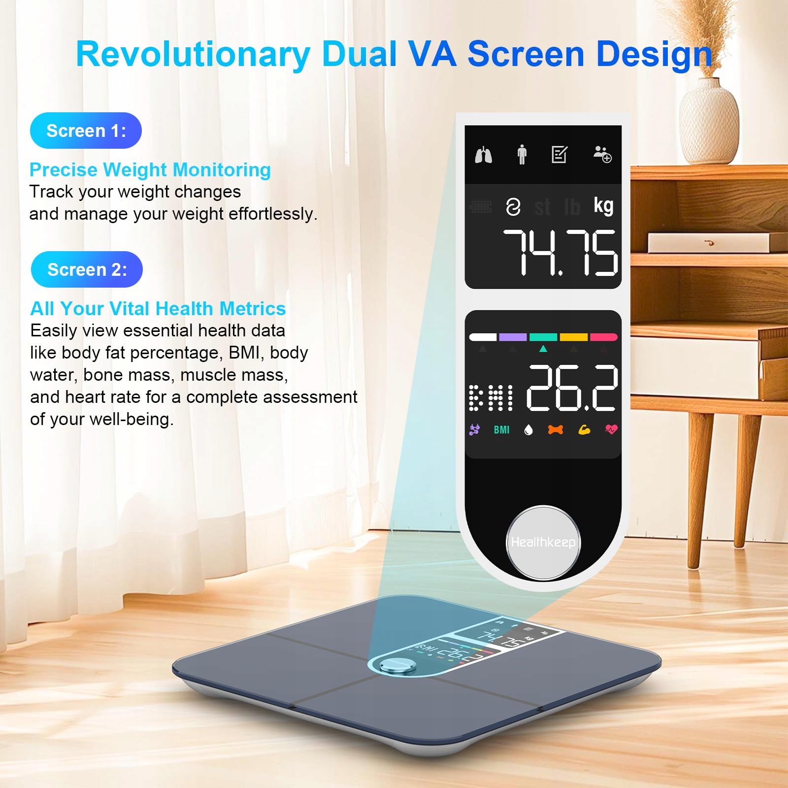 Waga łazienkowa Healthkeep Bluetooth Connected z 2 ekranami VA — miniatura 2