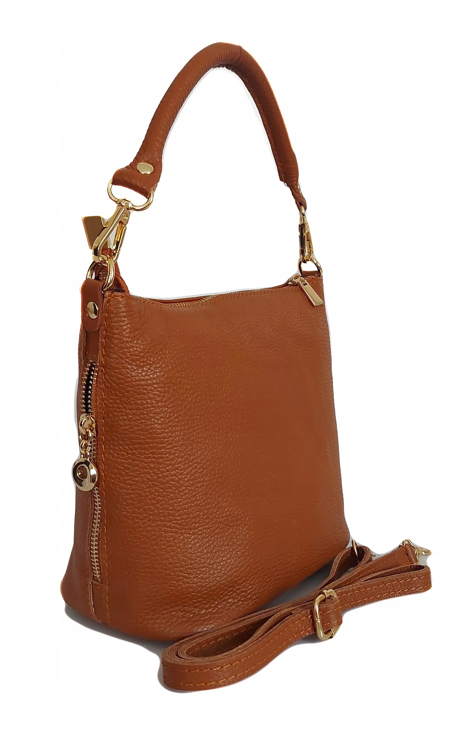 Elegantní Kožená Kabelka Taška Prostorná Přes Rameno Zlaté Kování Camel