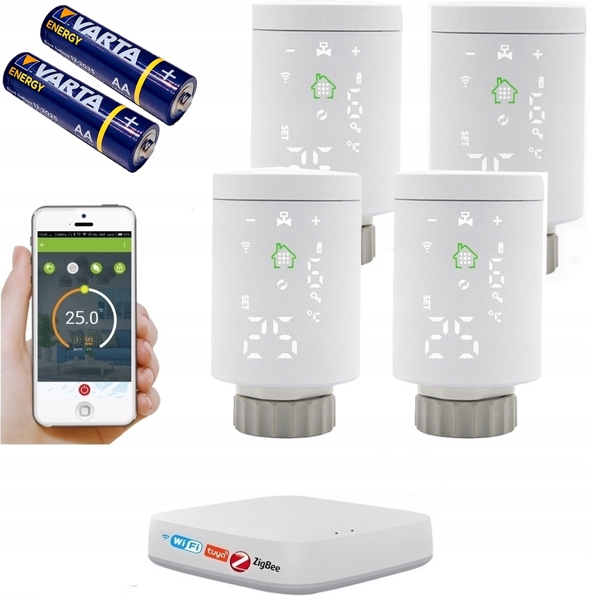 TUYA ZigBee 4 x GŁOWICA TERMOSTAT + CENTRALA WIFI