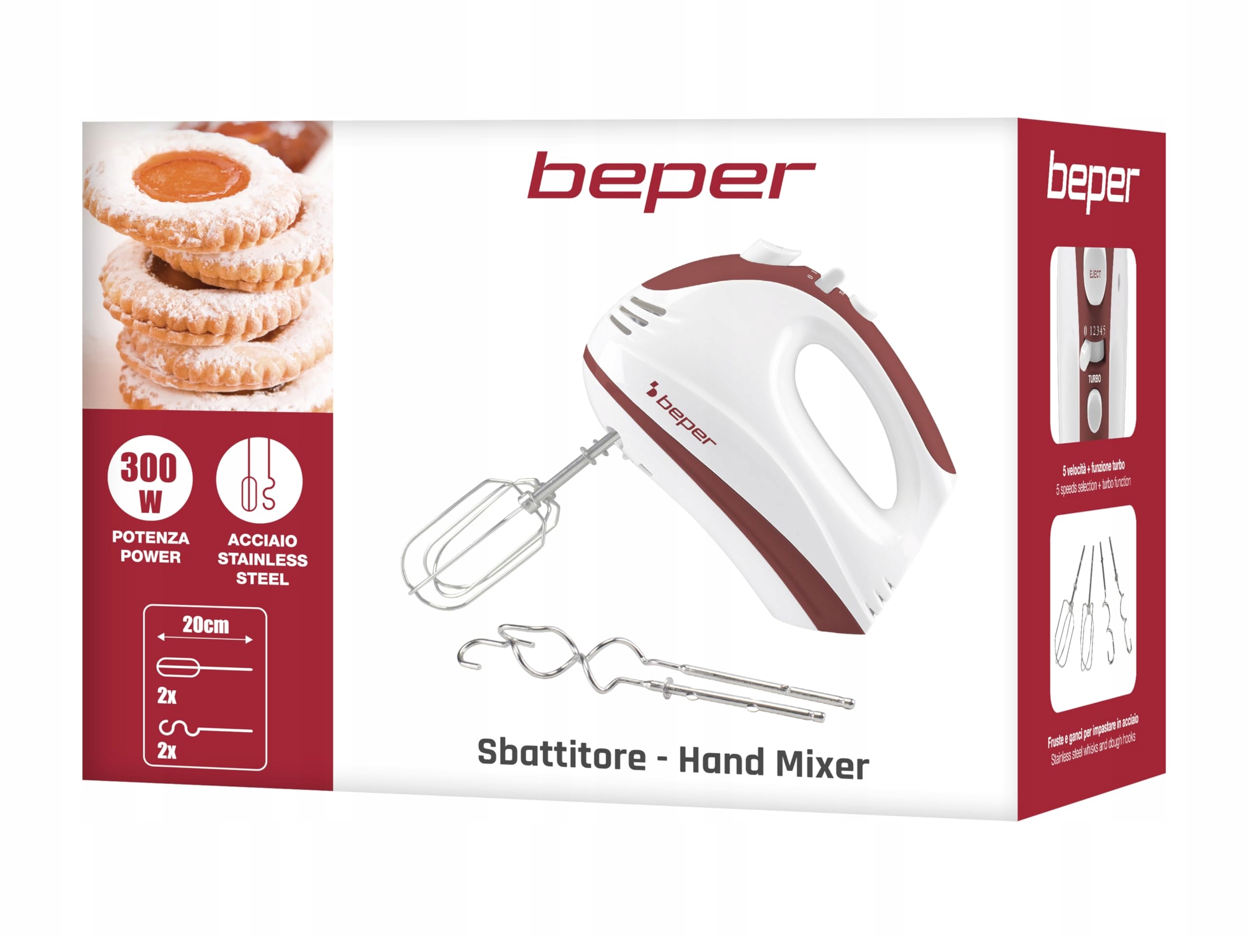BEPER Mikser Ręczny 300W, 5 Prędkości, Turbo, Ergonomiczny, Biały/Czerwony — miniatura 9