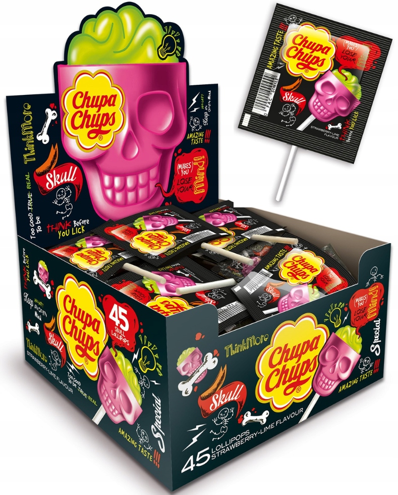 Lizaki Chupa Chups w kształcie czaszki musujące truskawkowe limonka 45x15g