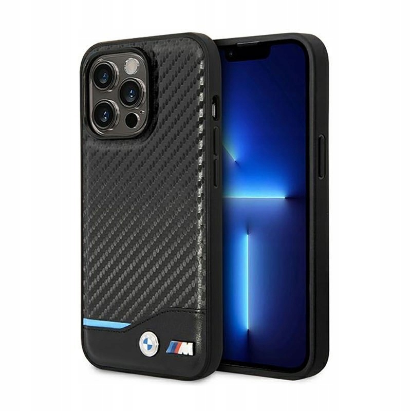Bmw Leather Carbon Blue Line Pouzdro pro iPhone 14 Pro (Černé)