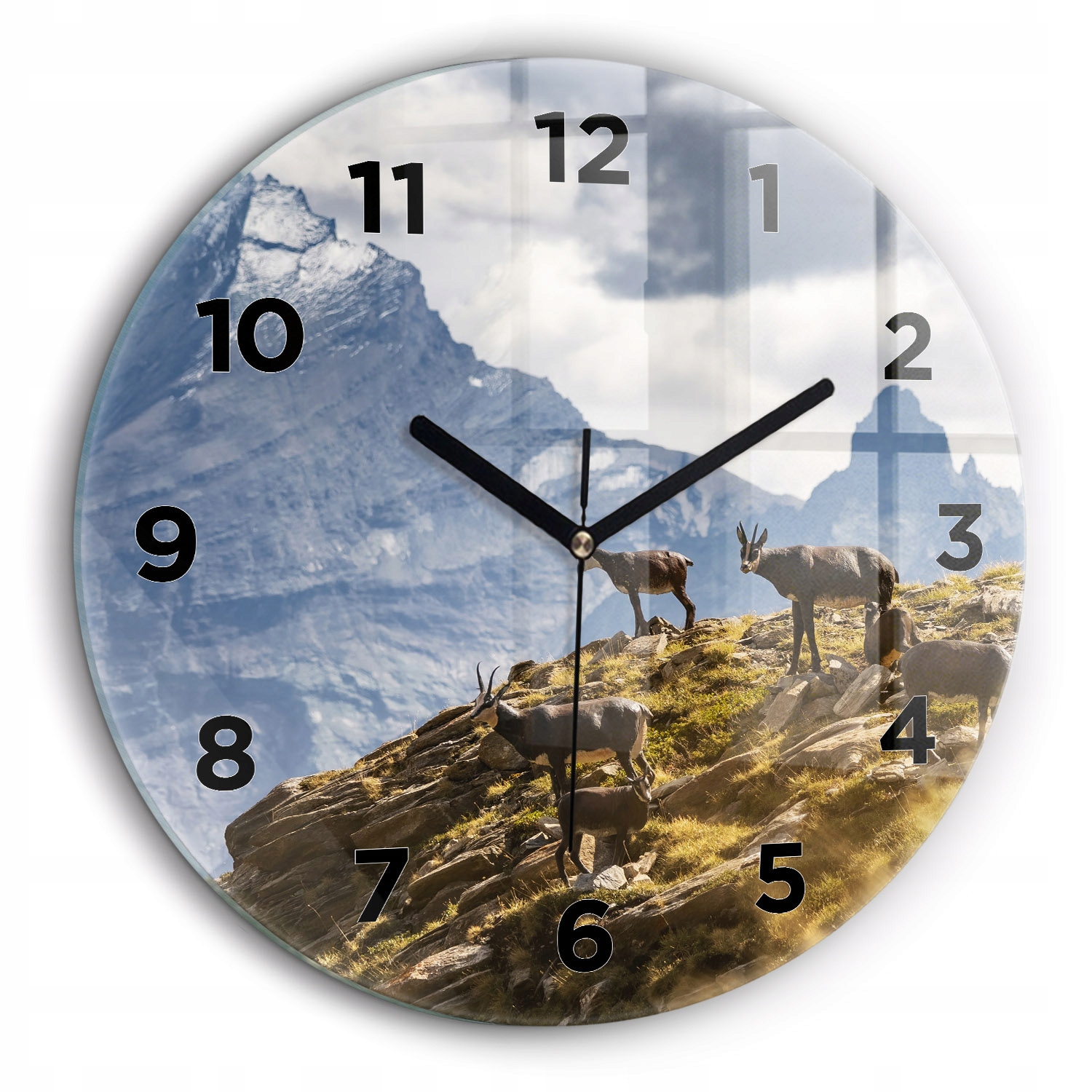 Skleněné nástěnné hodiny Koza v údolí Aosta, černé ručičky, kulatý, fi60 cm
