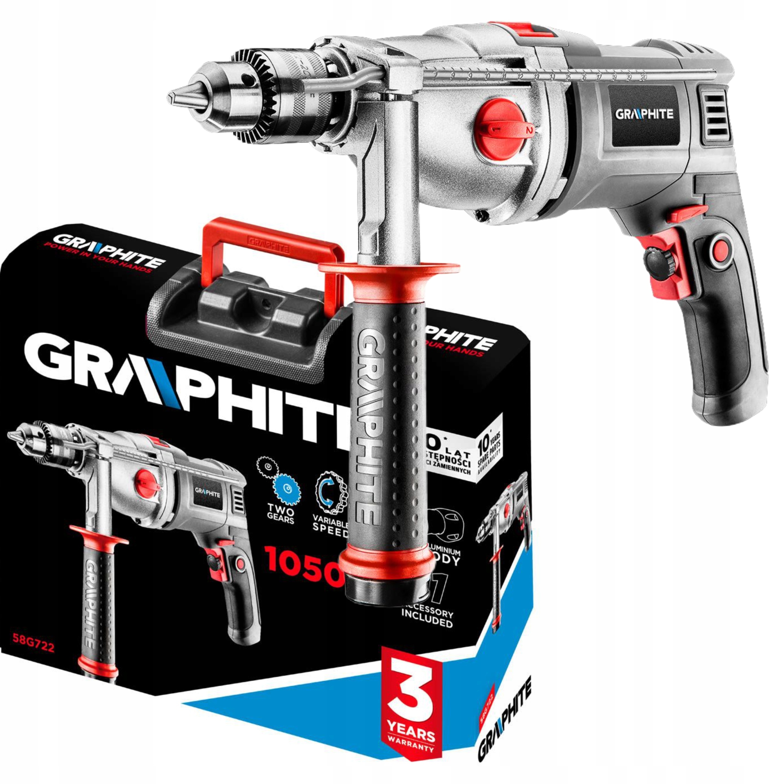 Graphite Příklepová Vrtačka Dvourychlostní Držák Klíčů 1050W Kufr 58G722