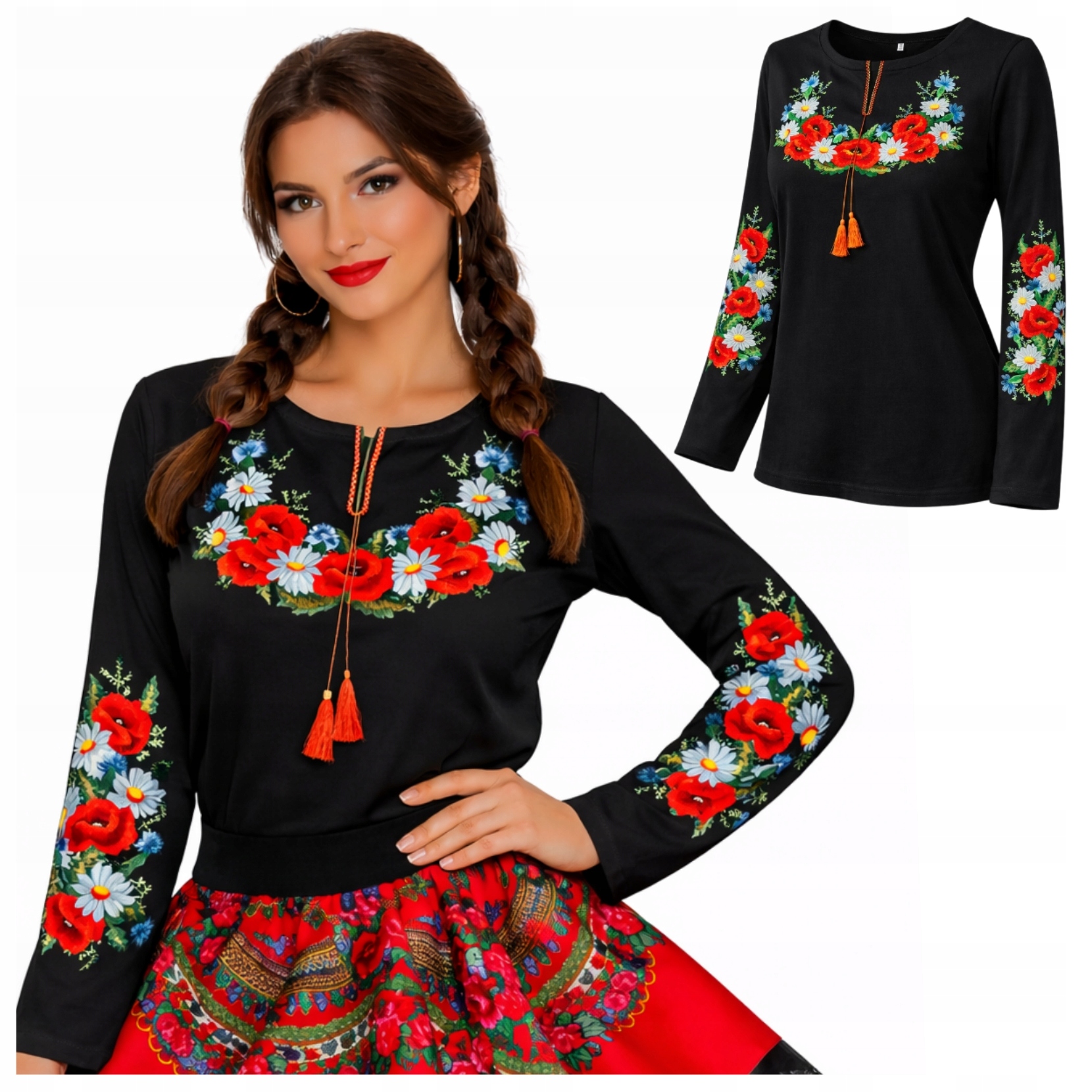 Dámská halenka s dlouhým rukávem, Vyšívaná, Květiny, Folk, horalská, k outfitu, černá, velikost S