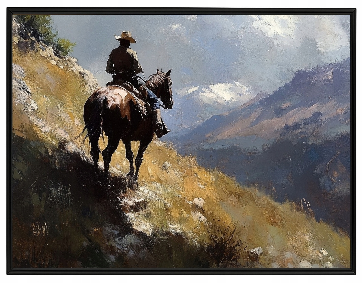 Plakát Rámeček Hliník Hory Kůň Muž Jezdec Cestování Kovboj 80x60