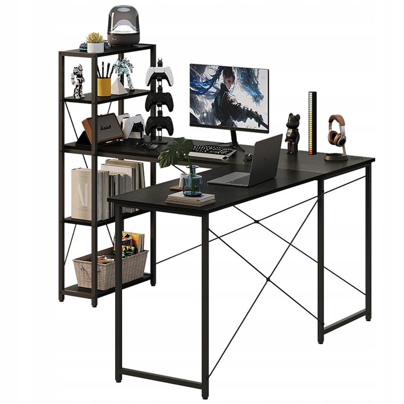 Počítačový Stůl Rohové Police S Regálem Černé Industriální Školní Loft