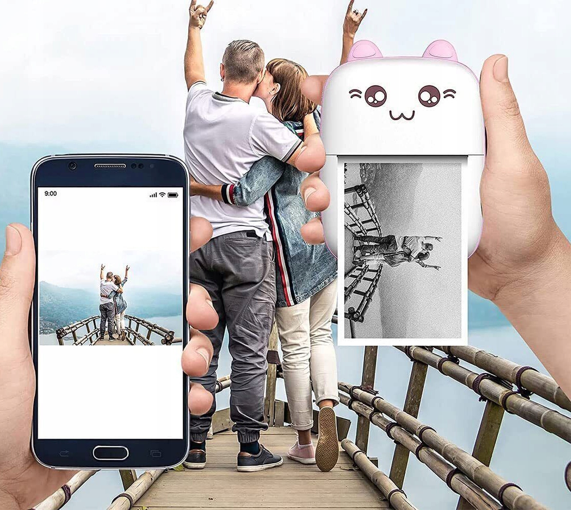 DRUKUŚ MINI DRUKARKA ETYKIET TERMICZNA PRZENOŚNA ROLKA NIESKOŃCZONY TUSZ Marka bez marki